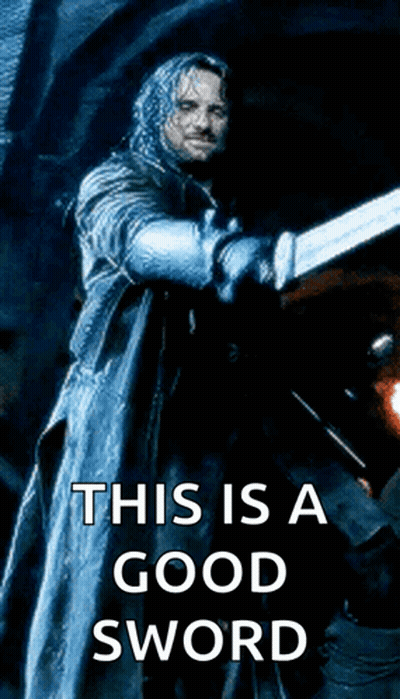 A Man Holding A Sword With The Words This Is A Good Sword GIF