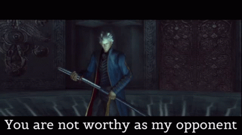A Man Holding A Sword With The Words You Are Not Worthy As My Opponent Above Him GIF