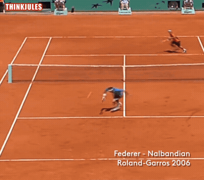 A Man Holding A Tennis Racquet In Front Of A Fedex Banner GIF