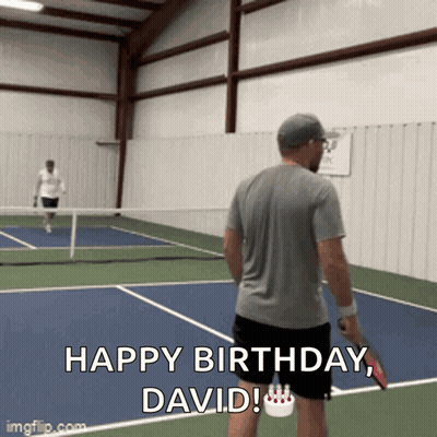 A Man Holding A Tennis Racquet On A Tennis Court Says " Happy Birthday David " GIF