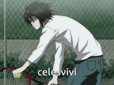 A Man Holding A Tennis Racquet With Celesvivi Written In The Corner GIF