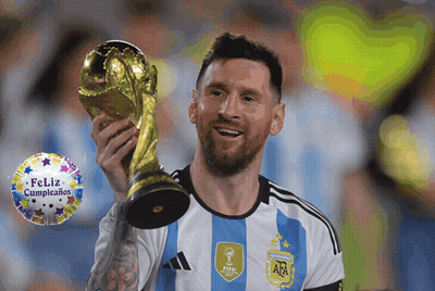 A Man Holding A Trophy With A Feliz Cumpleanos Balloon In The Background GIF