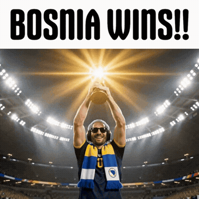 A Man Holding A Trophy With Bosnia Wins Written On The Top GIF
