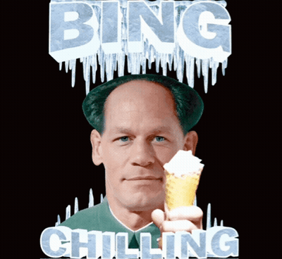A Man Holding An Ice Cream Cone With The Words Bing Chilling Written Above Him GIF