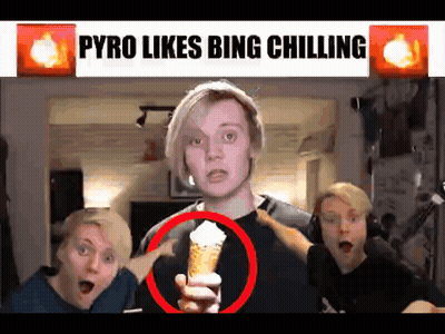 A Man Holding An Ice Cream Cone With The Words " Pyro Likes Bing Chilling " Above Him GIF