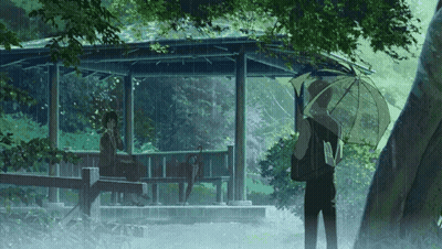 A Man Holding An Umbrella Stands In The Rain Next To A Girl Sitting On A Bench GIF
