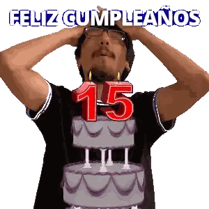 A Man Holding His Head In Front Of A Cake With The Number 15 On It Sticker