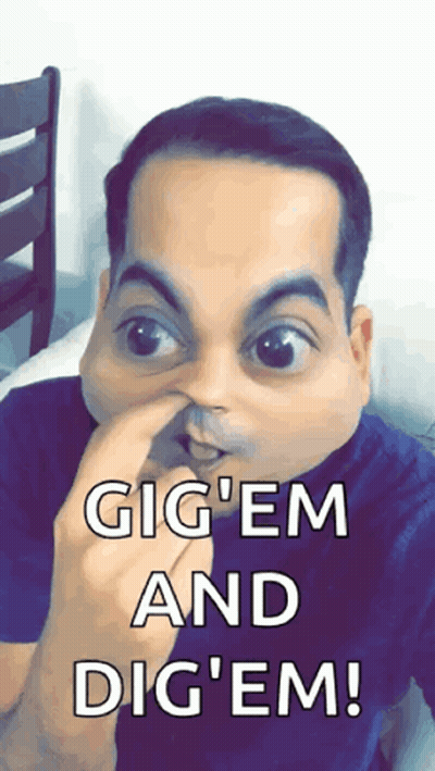 A Man Holding His Nose With The Words Gig ' Em And Dig ' Em Written Below Him GIF