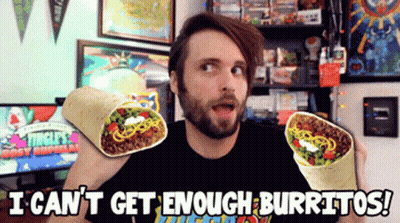 A Man Holding Two Burritos With The Words I Can 'T Get Enough Burritos Behind Him GIF