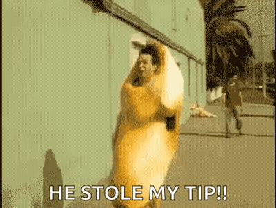 A Man In A Banana Costume With The Words He Stole My Tip Below Him GIF