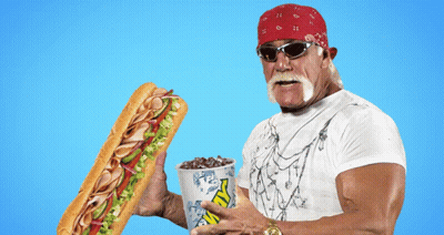 A Man In A Bandana Is Holding A Subway Sandwich And A Cup Of Iced Tea GIF