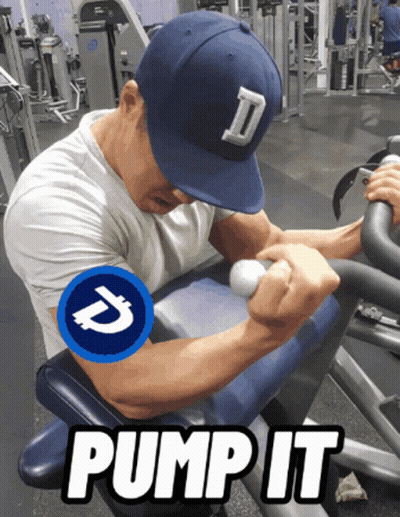 A Man In A Baseball Cap Is Using A Machine With The Words Pump It On The Bottom GIF