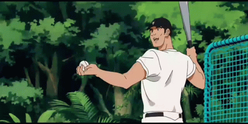 A Man In A Baseball Uniform Is Holding A Bat And Ball GIF