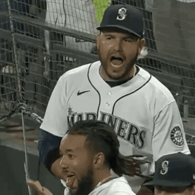 A Man In A Baseball Uniform Is Yelling At Another Man In A Stadium . GIF
