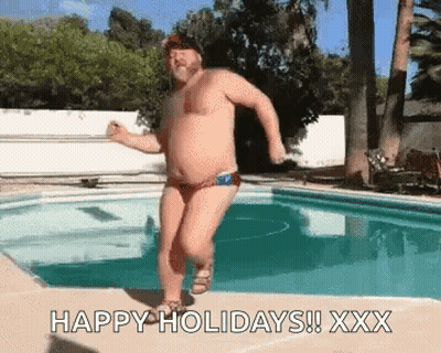 A Man In A Bathing Suit Is Jumping Into A Swimming Pool And Says Happy Holidays Xxx GIF