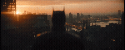 A Man In A Batman Costume Is Standing In Front Of A City Skyline At Sunset GIF