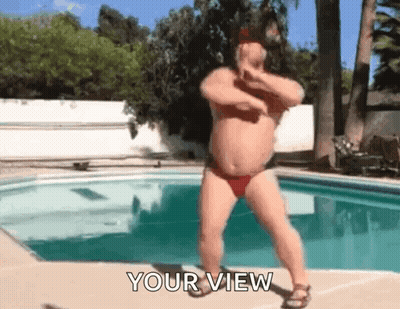 A Man In A Bikini Is Dancing In Front Of A Swimming Pool With The Words Your View Below Him . GIF
