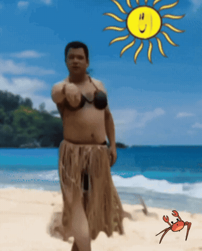 A Man In A Bikini Is Dancing On The Beach With A Crab And Sun In The Background GIF