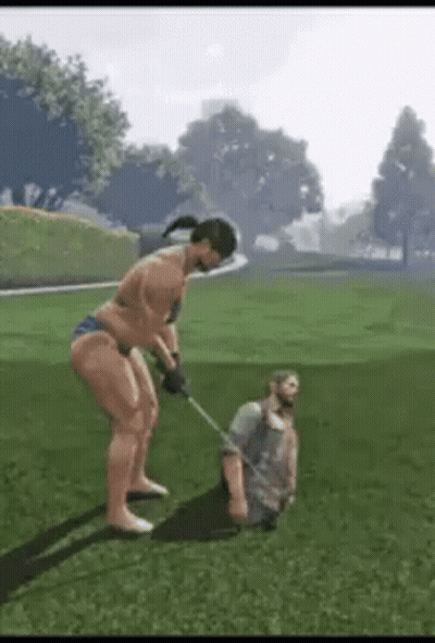 A Man In A Bikini Is Walking A Man On A Leash . GIF
