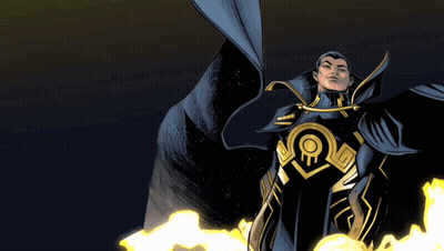 A Man In A Black And Gold Superhero Costume Stands In Front Of Flames GIF
