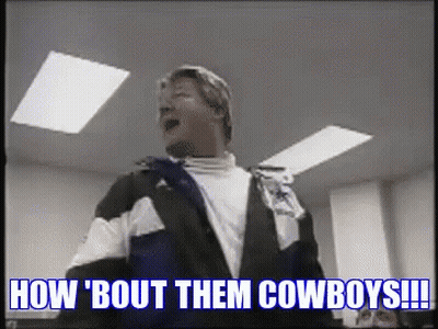 A Man In A Black And White Jacket Says How Bout Them Cowboys !!! GIF