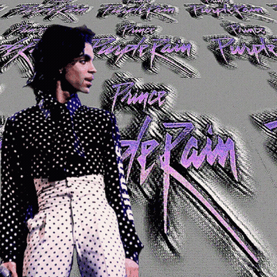 A Man In A Black And White Polka Dot Shirt Stands In Front Of A Purple Rain Background GIF