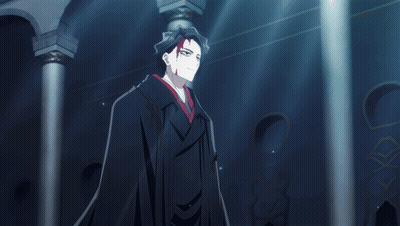 A Man In A Black Cape And Red Kimono Stands In A Dark Room GIF
