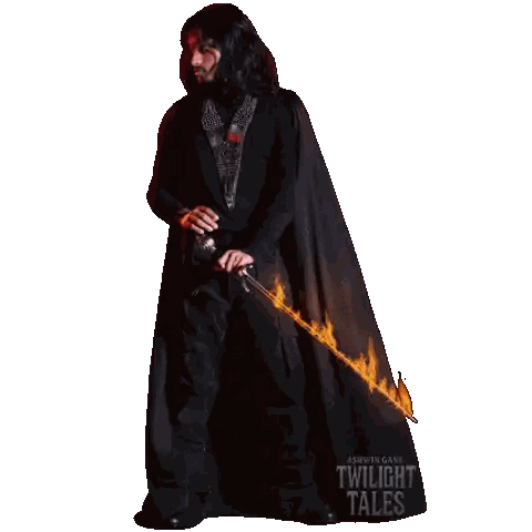 A Man In A Black Cape Is Holding A Sword That Says Twilight Tales On It Sticker