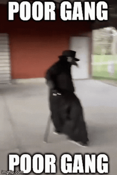 A Man In A Black Coat And Top Hat Is Walking Down A Sidewalk With The Caption Poor Gang Poor Gang GIF