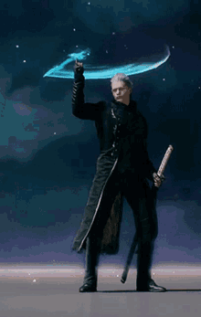 A Man In A Black Coat Is Holding A Sword And A Blue Object GIF