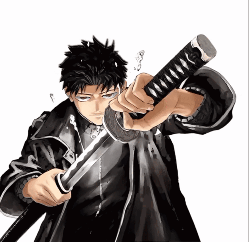 A Man In A Black Coat Is Holding A Sword With A Black Handle GIF