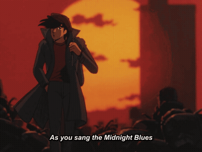 A Man In A Black Coat Is Standing In Front Of A Sunset With The Words As You Sang The Midnight Blues Below Him GIF