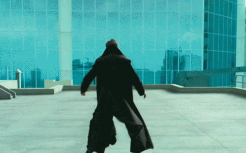 A Man In A Black Coat Is Standing On A Rooftop GIF