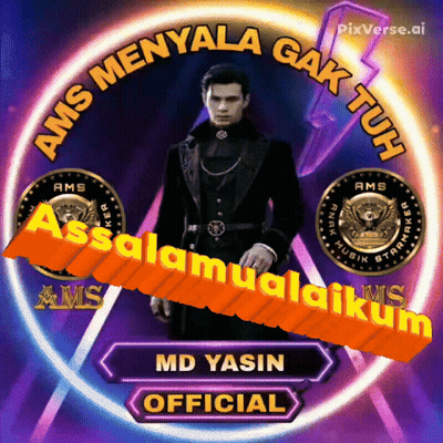 A Man In A Black Coat Stands In Front Of A Sign That Says Ams Menyala Gak Tuh GIF