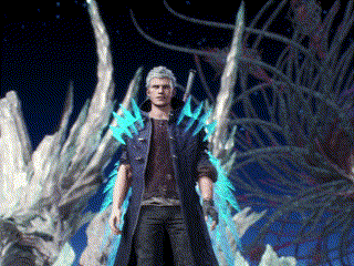A Man In A Black Coat With Blue Wings Is Standing In Front Of A Dragon GIF