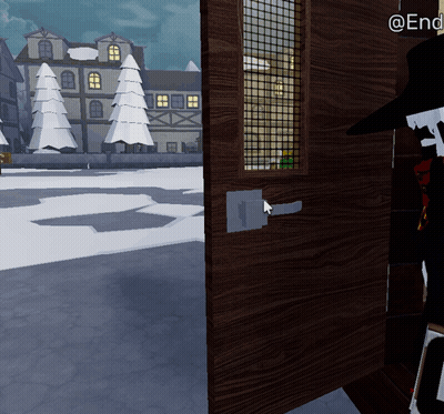 A Man In A Black Hat Stands In Front Of A Wooden Door That Says @End On It GIF