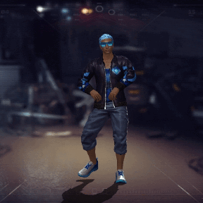 A Man In A Black Jacket And Blue Shorts Is Standing In A Dark Room GIF