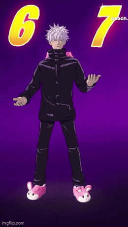 A Man In A Black Jacket And Pink Bunny Slippers Is Standing In Front Of A Purple Background With The Number 67 On It GIF