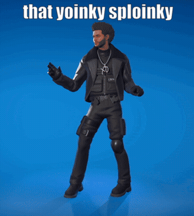 A Man In A Black Jacket Is Dancing With The Words That Yoinky Sploinky Above Him GIF