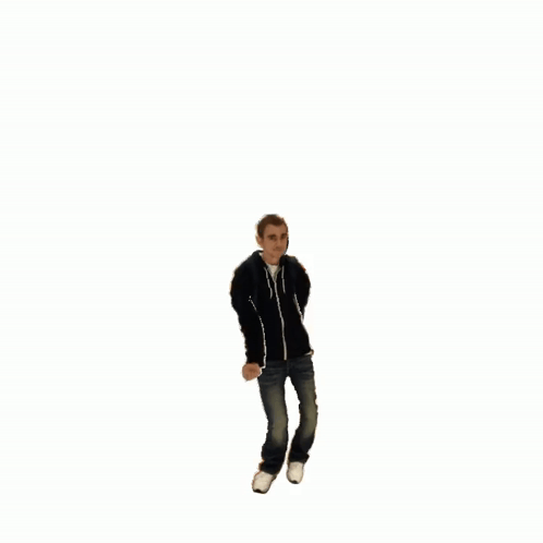A Man In A Black Jacket Is Jumping In The Air With His Arms Outstretched GIF