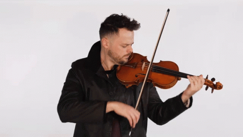A Man In A Black Jacket Is Playing A Violin On A White Background GIF