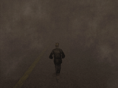 A Man In A Black Jacket Is Running In A Dark Room GIF