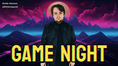 A Man In A Black Jacket Is Standing In Front Of A Game Night Advertisement GIF