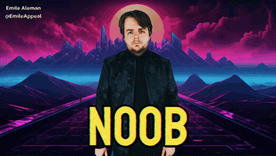 A Man In A Black Jacket Is Standing In Front Of Mountains And The Word Noob Is Written In Yellow GIF