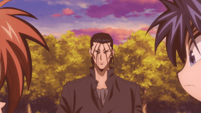 A Man In A Black Jacket Is Standing In Front Of Two Anime Characters GIF