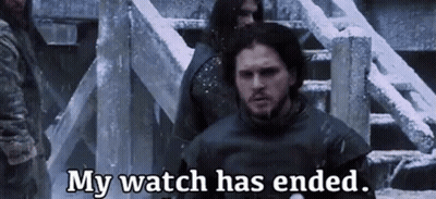 A Man In A Black Jacket Is Standing In The Snow And Says `` My Watch Has Ended '' . GIF