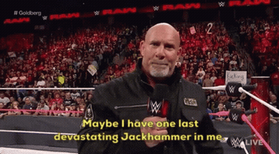 A Man In A Black Jacket Is Talking Into A Microphone And Says " Maybe I Have One Last Devastating Jackhammer In Me " GIF