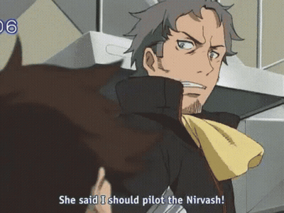 A Man In A Black Jacket Is Talking To Another Man And Says She Said I Should Pilot The Nirvash GIF