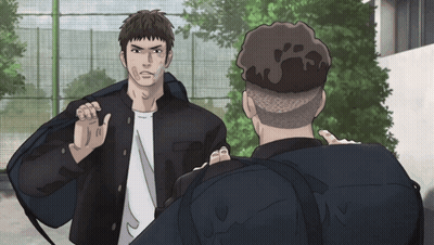 A Man In A Black Jacket Is Talking To Another Man GIF