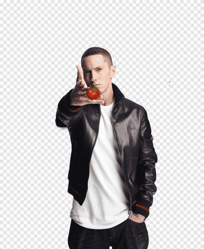A Man In A Black Leather Jacket Is Holding A Tomato GIF